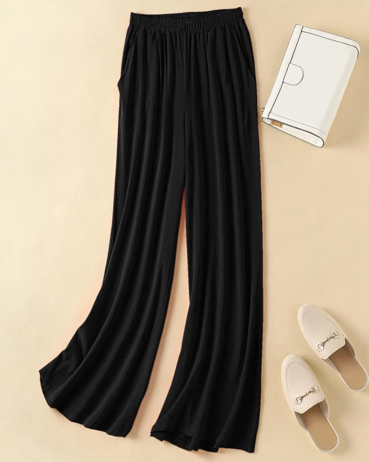 Womens Plus Size Linen Pants Wide Leg Palazzo Trousers High Elastic Waist Flowy Culottes with Pockets L 5XL