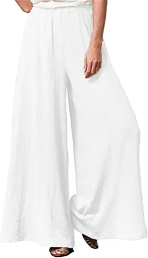 Womens Plus Size Linen Pants Wide Leg Palazzo Trousers High Elastic Waist Flowy Culottes with Pockets L 5XL