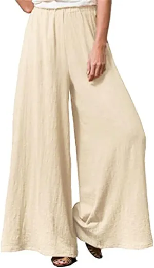 Womens Plus Size Linen Pants Wide Leg Palazzo Trousers High Elastic Waist Flowy Culottes with Pockets L 5XL