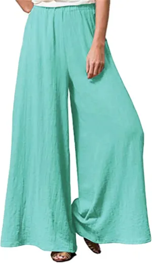 Womens Plus Size Linen Pants Wide Leg Palazzo Trousers High Elastic Waist Flowy Culottes with Pockets L 5XL