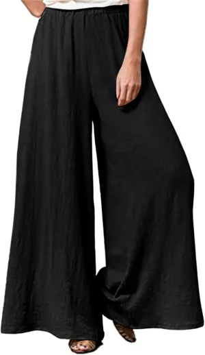 Womens Plus Size Linen Pants Wide Leg Palazzo Trousers High Elastic Waist Flowy Culottes with Pockets L 5XL