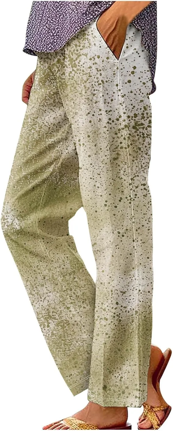 Womens Plus Size Pants Elastic High Waist Pockets Trousers Vintage Printed Casual Straight Leg Loose Comfy Pant