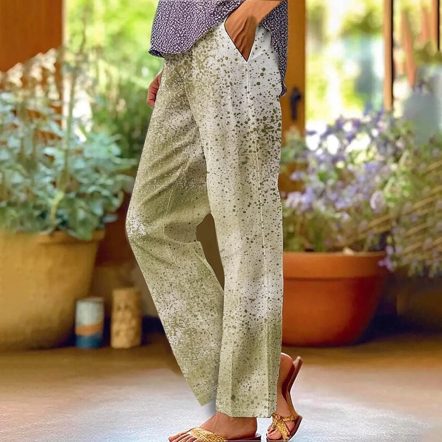 Womens Plus Size Pants Elastic High Waist Pockets Trousers Vintage Printed Casual Straight Leg Loose Comfy Pant