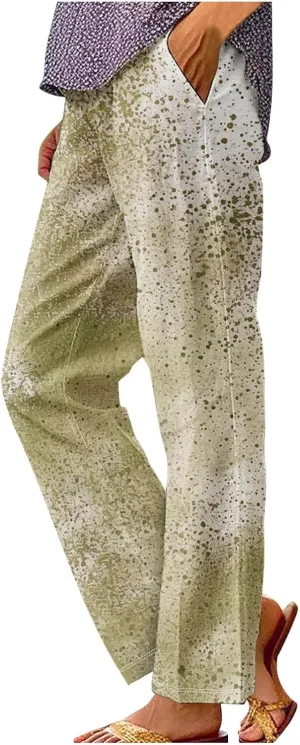 Womens Plus Size Pants Elastic High Waist Pockets Trousers Vintage Printed Casual Straight Leg Loose Comfy Pant