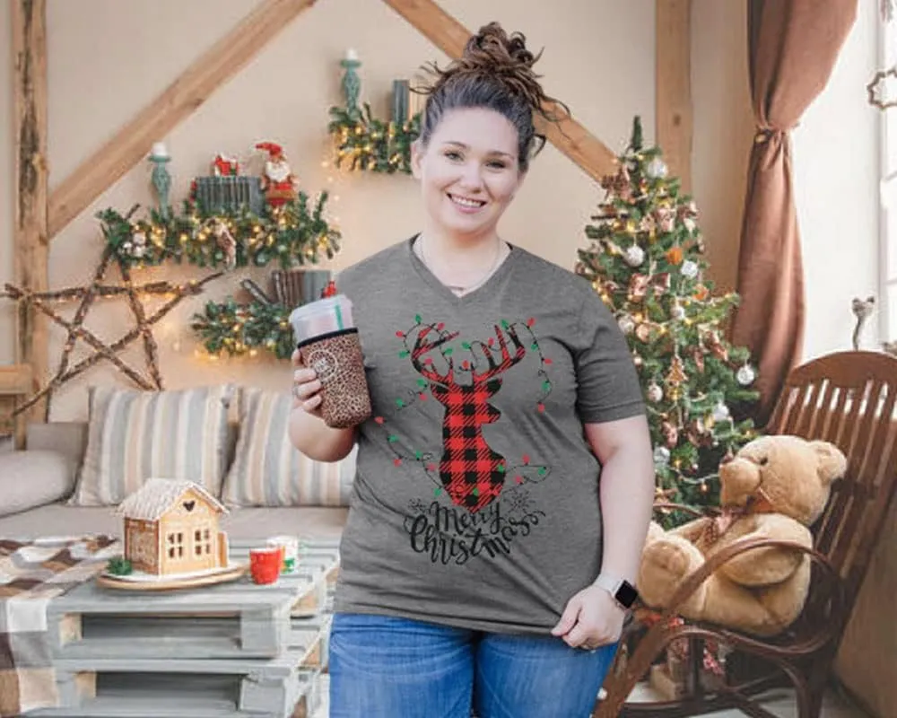 Womens Plus Size Reindeer Shirts Merry Christmas Leopard Plaid Tshirt Casual Vneck Holiday Short Sleeve Tee Tops Xmas Gift