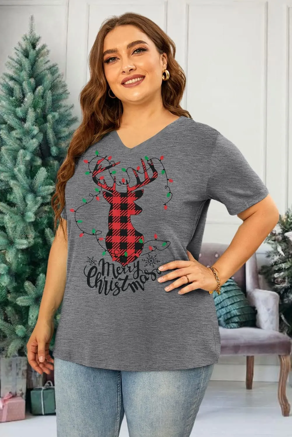 Womens Plus Size Reindeer Shirts Merry Christmas Leopard Plaid Tshirt Casual Vneck Holiday Short Sleeve Tee Tops Xmas Gift