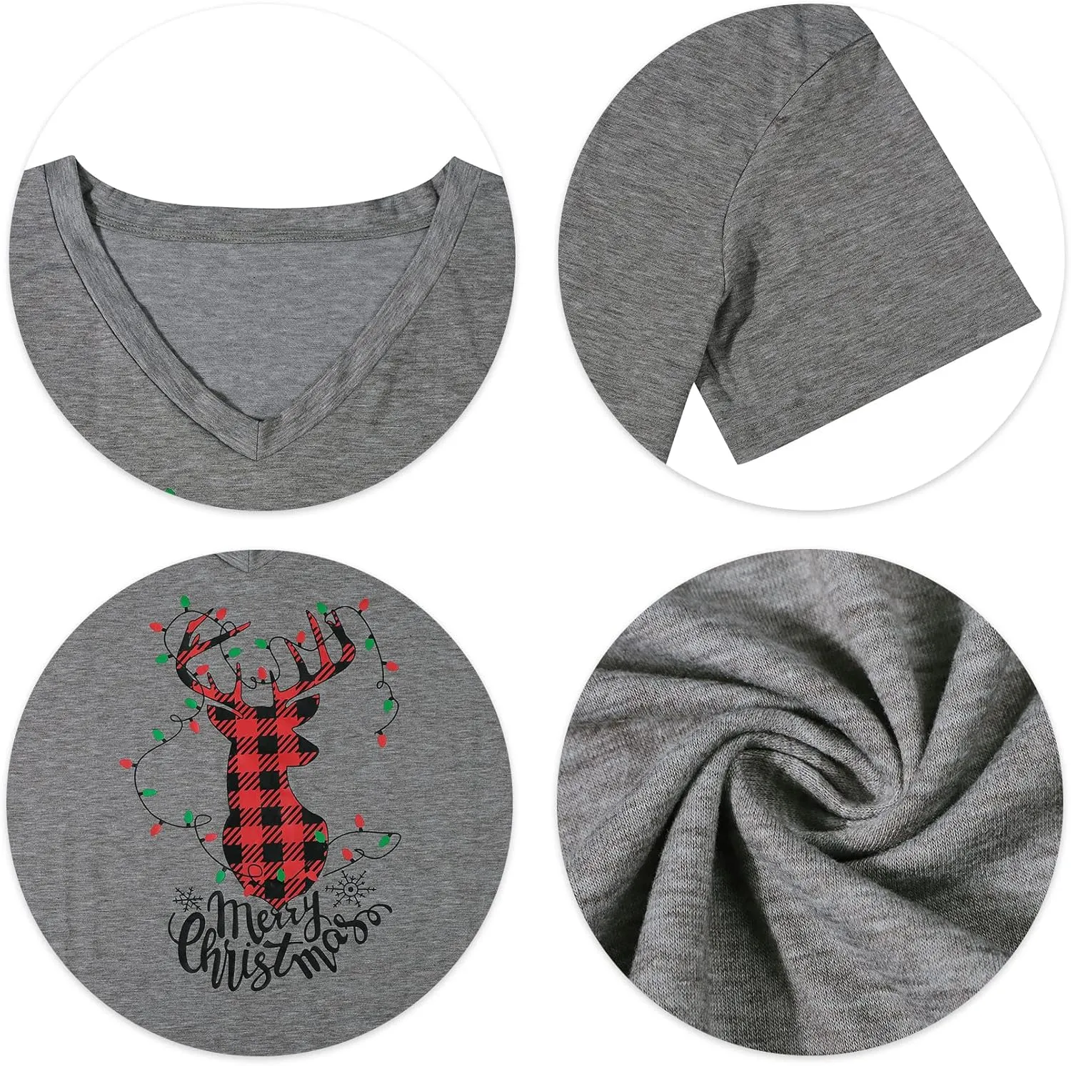 Womens Plus Size Reindeer Shirts Merry Christmas Leopard Plaid Tshirt Casual Vneck Holiday Short Sleeve Tee Tops Xmas Gift