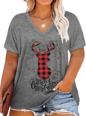 Womens Plus Size Reindeer Shirts Merry Christmas Leopard Plaid Tshirt Casual Vneck Holiday Short Sleeve Tee Tops Xmas Gift