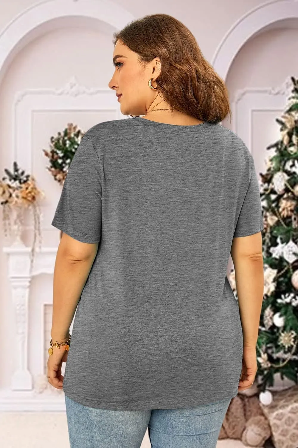 Womens Plus Size Reindeer Shirts Merry Christmas Leopard Plaid Tshirt Casual Vneck Holiday Short Sleeve Tee Tops Xmas Gift