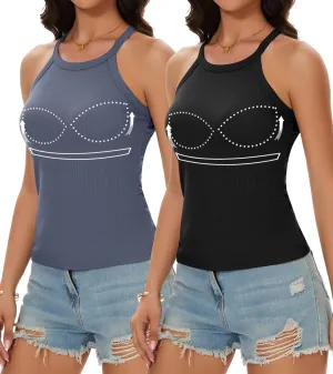 Womens Racerback Ribbed Tank Top Camisole with Built in Bra Running Yoga Sport Bra Athletic Slim Sleeveless Summer Top