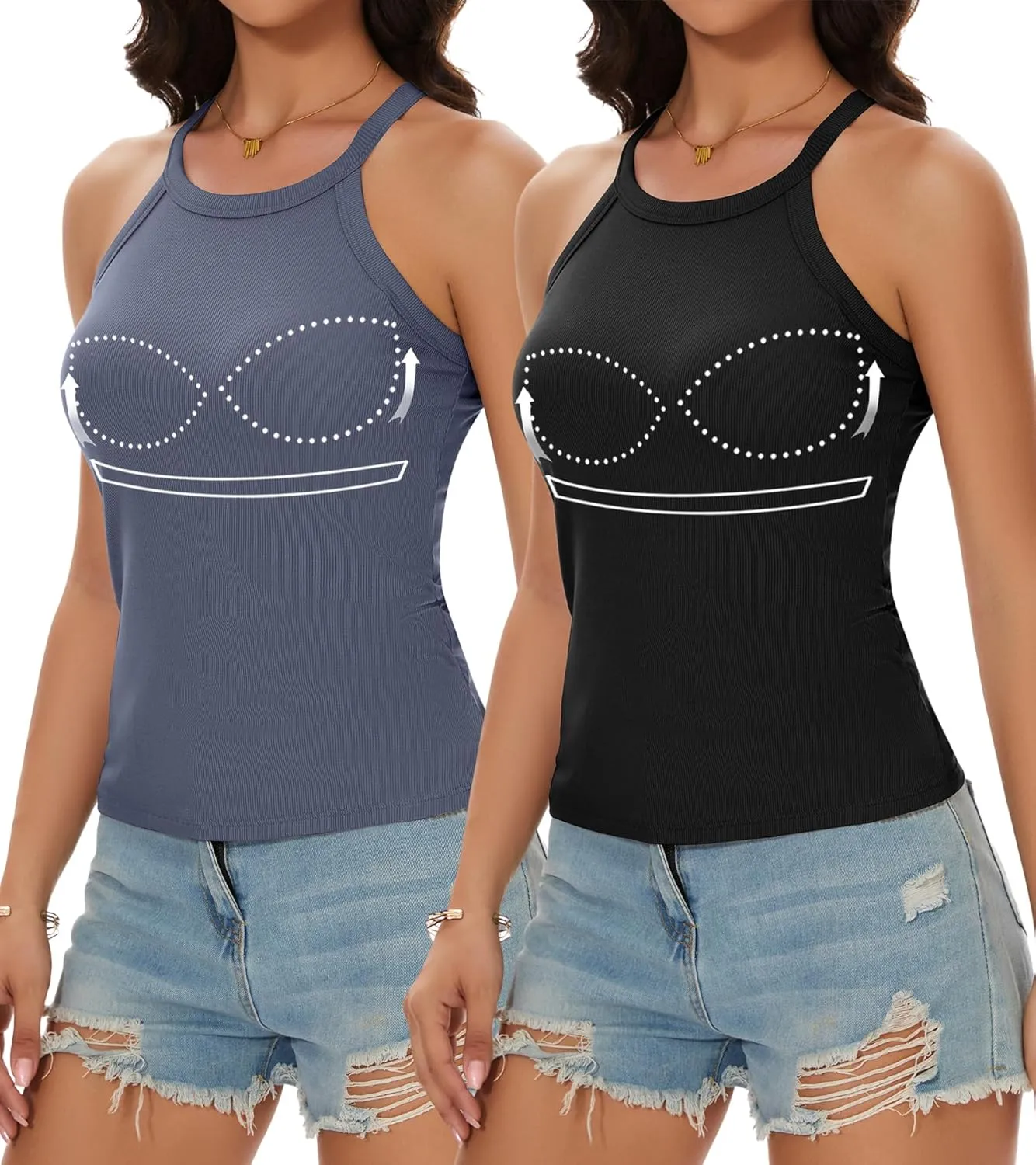 Womens Racerback Ribbed Tank Top Camisole with Built in Bra Running Yoga Sport Bra Athletic Slim Sleeveless Summer Top