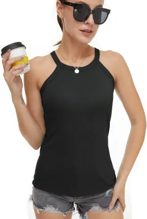 Womens Racerback Ribbed Tank Top Camisole with Built in Bra Running Yoga Sport Bra Athletic Slim Sleeveless Summer Top