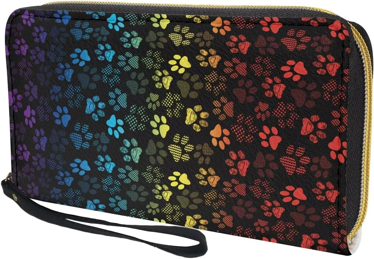 Womens Rainbow Wallet Paws Pattern Zip Around Long Purse RFID Blocking Card Holder Clutch Large Leather Phone Wristlet Handbags