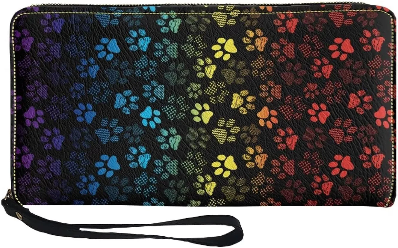Womens Rainbow Wallet Paws Pattern Zip Around Long Purse RFID Blocking Card Holder Clutch Large Leather Phone Wristlet Handbags