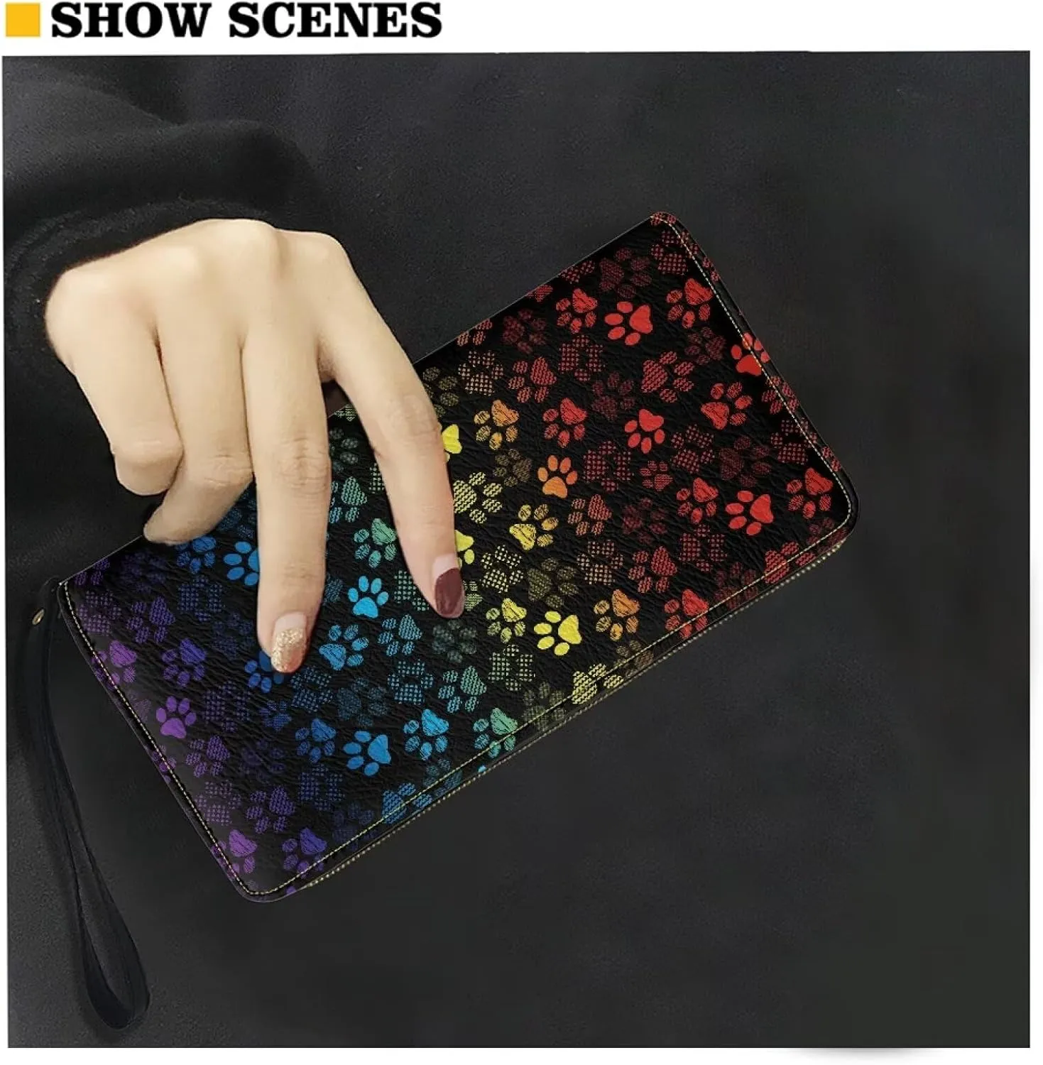 Womens Rainbow Wallet Paws Pattern Zip Around Long Purse RFID Blocking Card Holder Clutch Large Leather Phone Wristlet Handbags