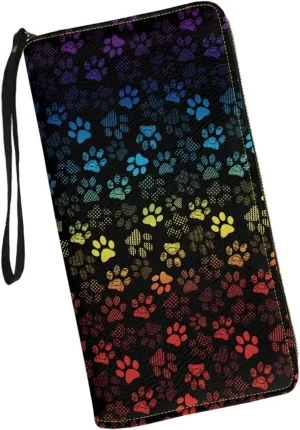 Womens Rainbow Wallet Paws Pattern Zip Around Long Purse RFID Blocking Card Holder Clutch Large Leather Phone Wristlet Handbags