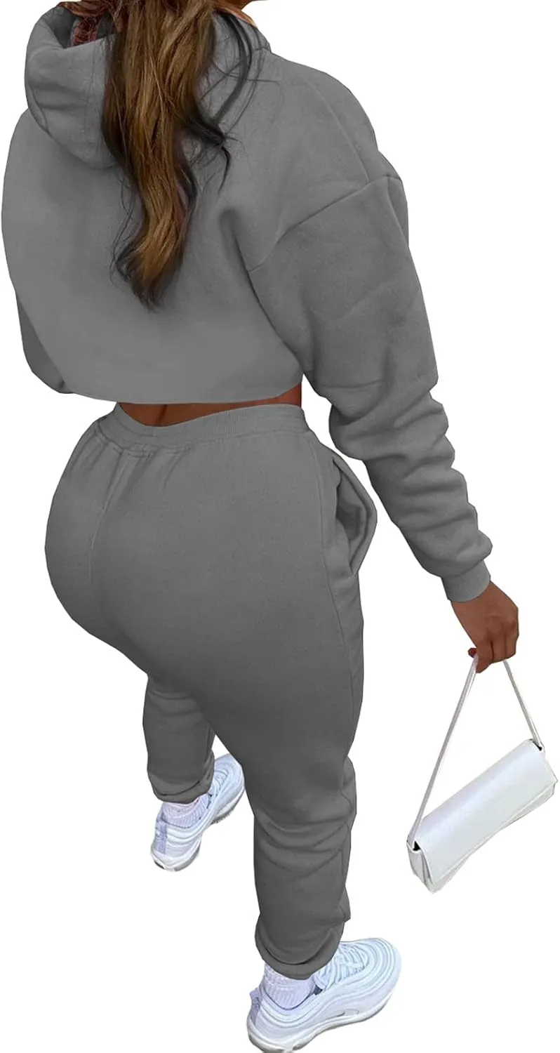 Women's Sexy 3 Piece Tracksuits - Long Sleeve Pullover Crop Top Hoodie  Tank Top Drawstring Long Pants Sweatsuit