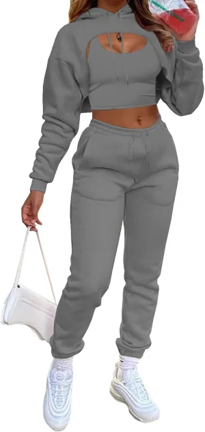 Women's Sexy 3 Piece Tracksuits - Long Sleeve Pullover Crop Top Hoodie  Tank Top Drawstring Long Pants Sweatsuit