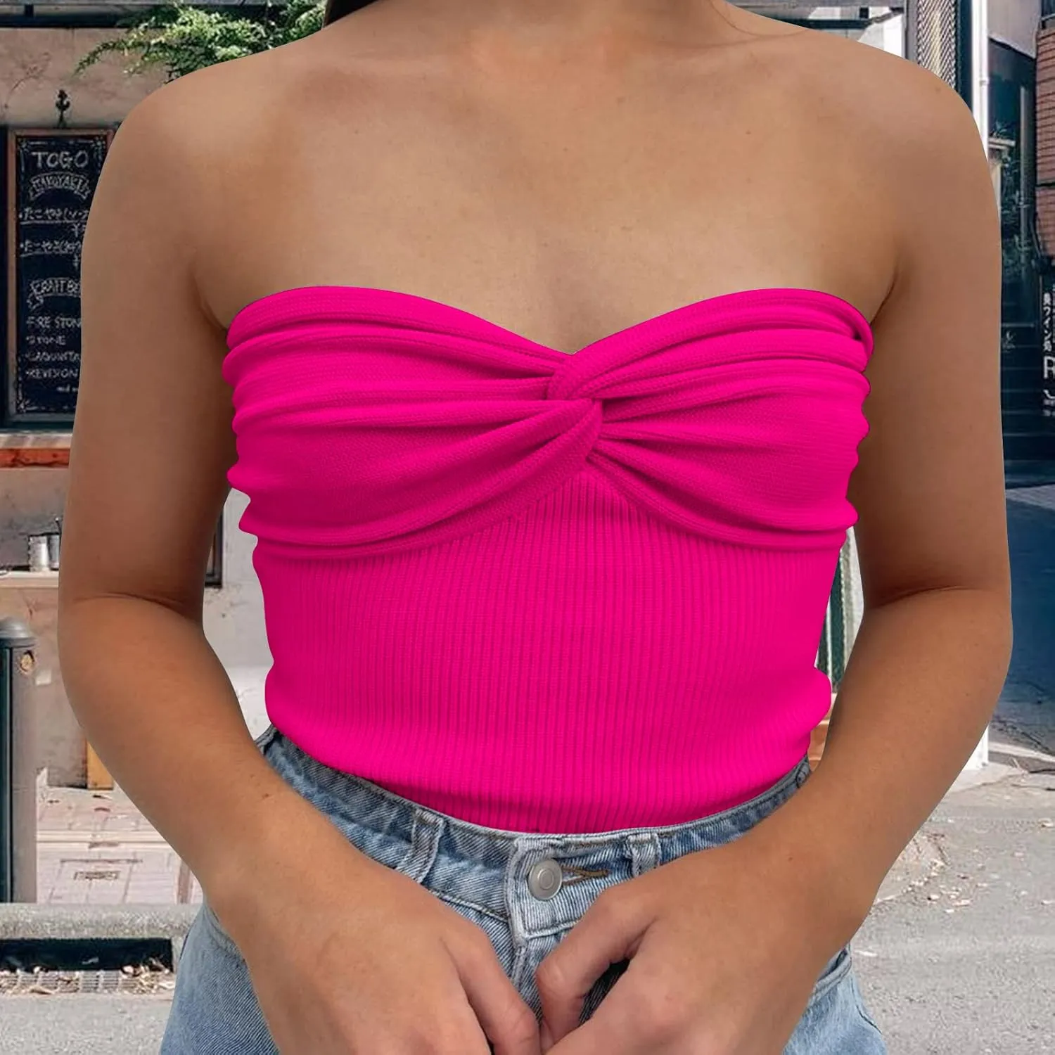 Women's Sexy Crop Tops Strapless Twisted Front Ribbed Knit Tube Top Sleeveless Sweetheart Neck Y2K Camisole Tank Top