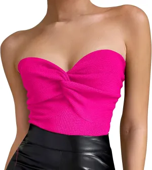 Women's Sexy Crop Tops Strapless Twisted Front Ribbed Knit Tube Top Sleeveless Sweetheart Neck Y2K Camisole Tank Top