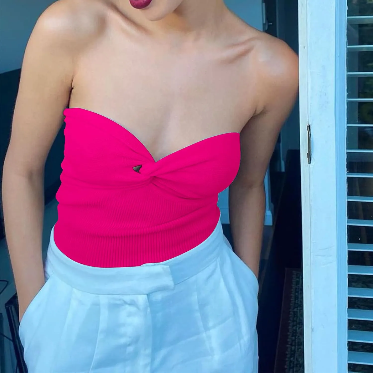 Women's Sexy Crop Tops Strapless Twisted Front Ribbed Knit Tube Top Sleeveless Sweetheart Neck Y2K Camisole Tank Top