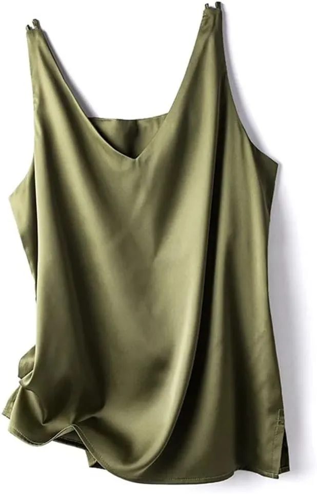Women's Silk Satin Office Double Shoulder Camisole Tank V-Neck Sleeveless Top T-Shirt Elegant Crop Top