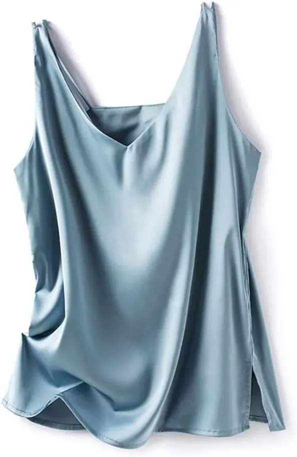 Women's Silk Satin Office Double Shoulder Camisole Tank V-Neck Sleeveless Top T-Shirt Elegant Crop Top