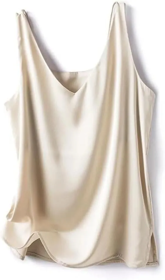 Women's Silk Satin Office Double Shoulder Camisole Tank V-Neck Sleeveless Top T-Shirt Elegant Crop Top