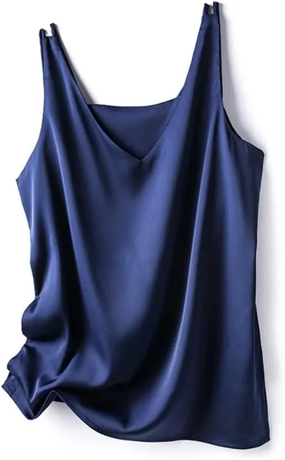 Women's Silk Satin Office Double Shoulder Camisole Tank V-Neck Sleeveless Top T-Shirt Elegant Crop Top