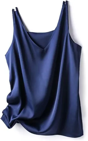 Women's Silk Satin Office Double Shoulder Camisole Tank V-Neck Sleeveless Top T-Shirt Elegant Crop Top