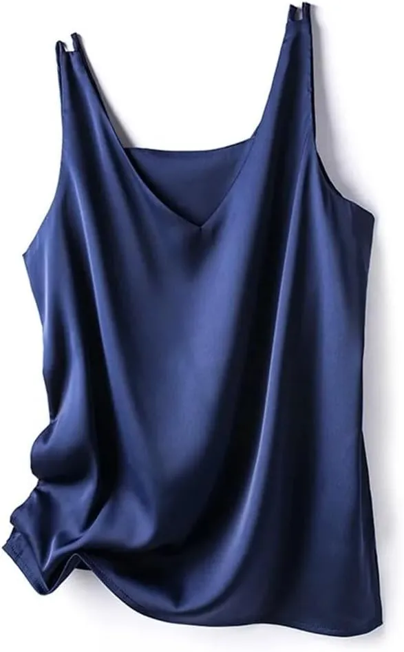 Women's Silk Satin Office Double Shoulder Camisole Tank V-Neck Sleeveless Top T-Shirt Elegant Crop Top