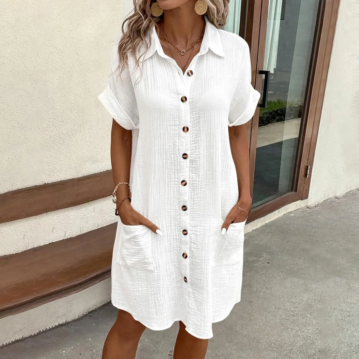 Womens Summer Button Down Shirt Dress Short Cap Sleeve Mini Dresses Loose Fit Casual Sundress with Pockets