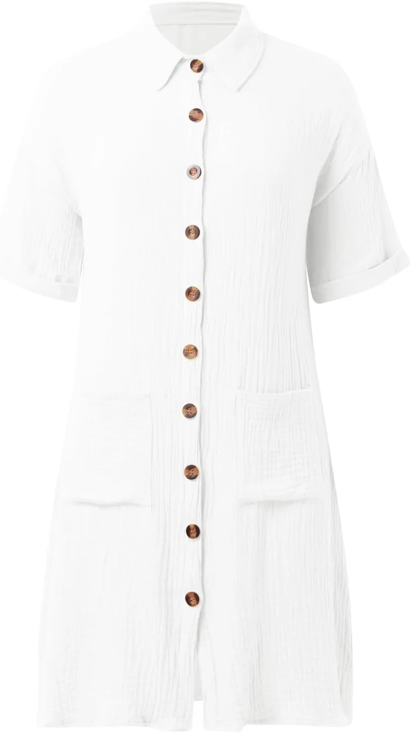 Womens Summer Button Down Shirt Dress Short Cap Sleeve Mini Dresses Loose Fit Casual Sundress with Pockets
