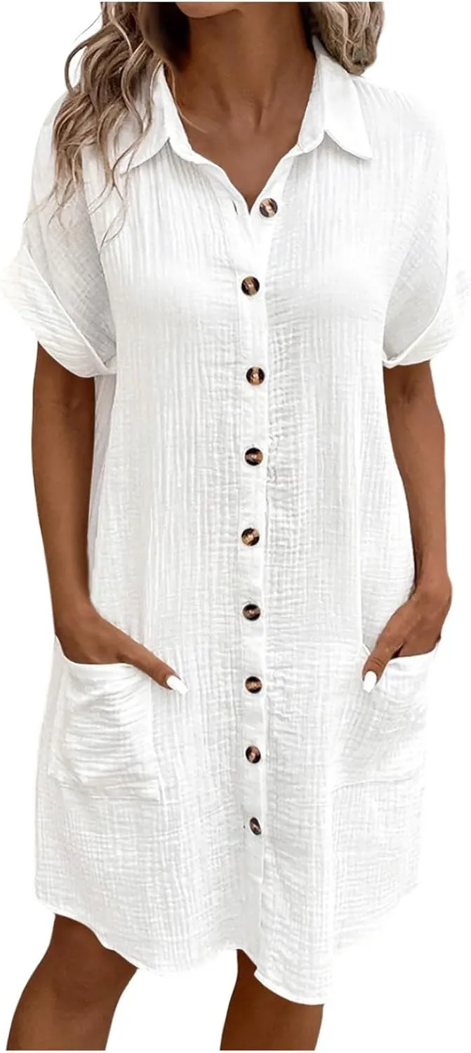 Womens Summer Button Down Shirt Dress Short Cap Sleeve Mini Dresses Loose Fit Casual Sundress with Pockets