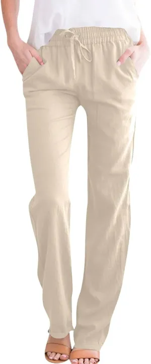 Womens Summer Casual Cotton Linen Pants Drawstring Elastic Waist Wide Leg Trousers Beach Vacation Outfits
