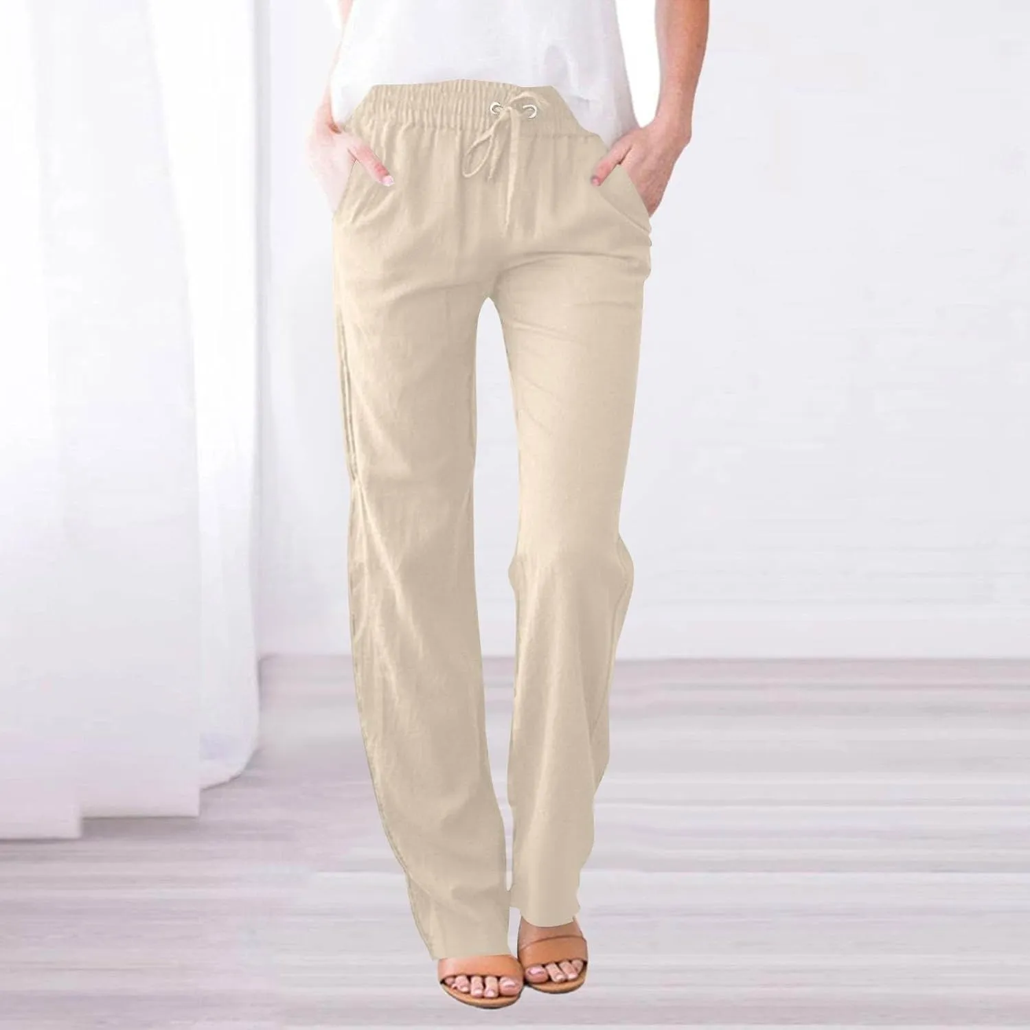 Womens Summer Casual Cotton Linen Pants Drawstring Elastic Waist Wide Leg Trousers Beach Vacation Outfits
