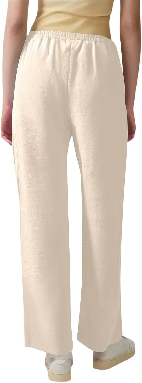 Womens Summer Casual Cotton Linen Pants Drawstring Elastic Waist Wide Leg Trousers Beach Vacation Outfits