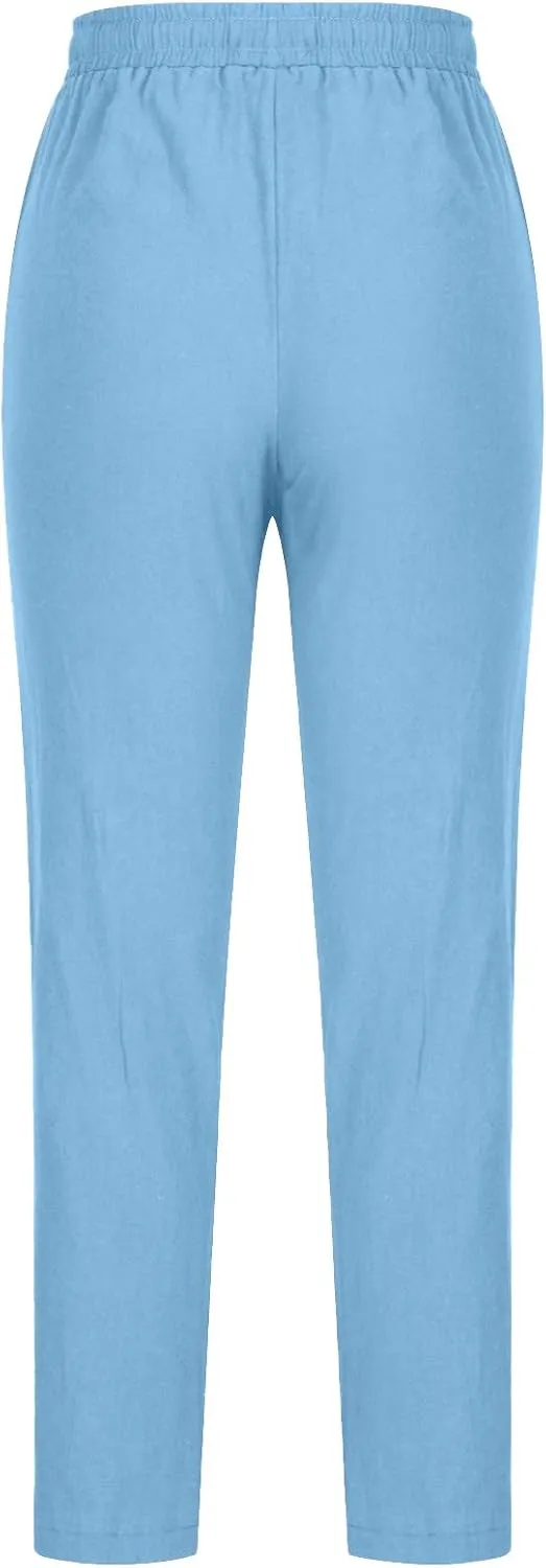 Womens Summer Casual Drawstring Pants Straight Leg Elastic Waist Regular Fit Loose Comfy Lounge Trousers with Pockets