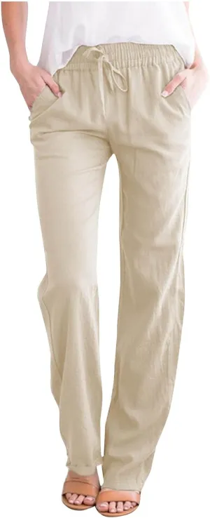 Womens Summer Casual Drawstring Pants Straight Leg Elastic Waist Regular Fit Loose Comfy Lounge Trousers with Pockets
