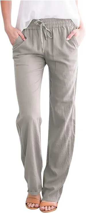 Womens Summer Casual Drawstring Pants Straight Leg Elastic Waist Regular Fit Loose Comfy Lounge Trousers with Pockets