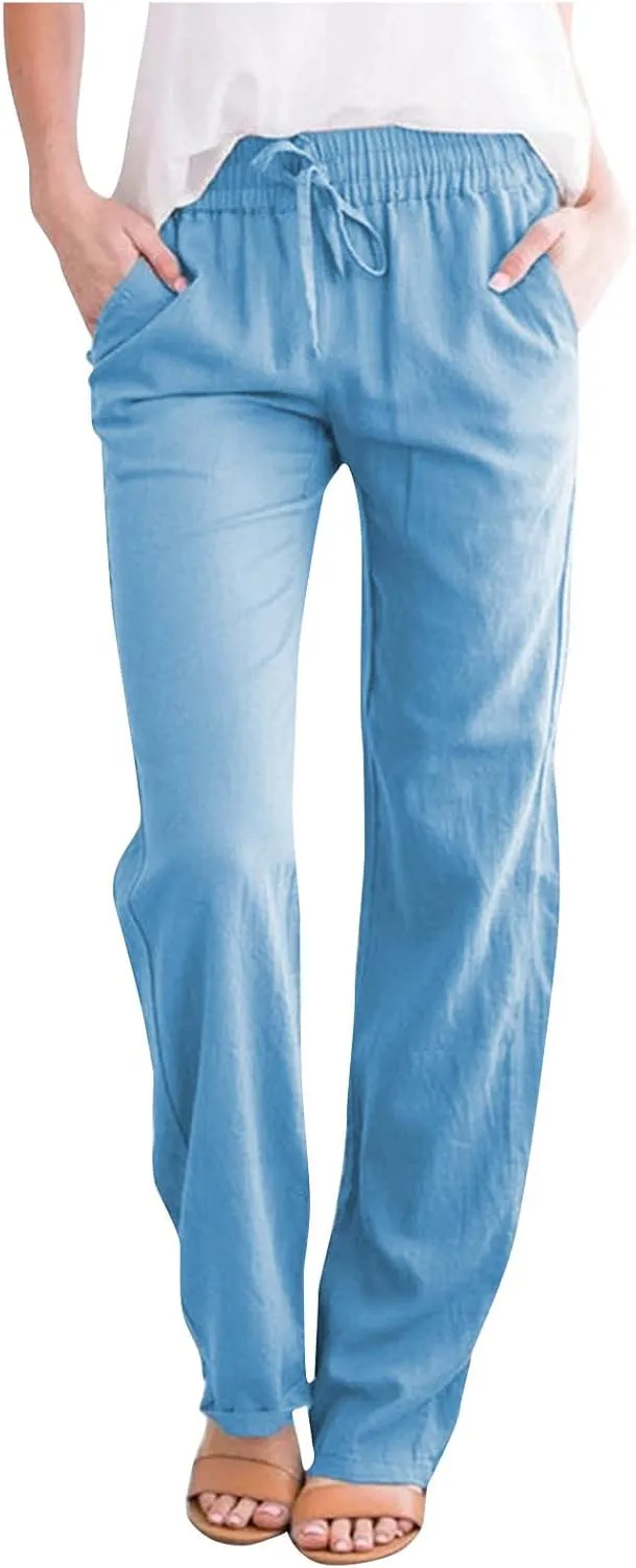 Womens Summer Casual Drawstring Pants Straight Leg Elastic Waist Regular Fit Loose Comfy Lounge Trousers with Pockets