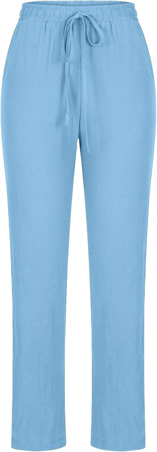 Womens Summer Casual Drawstring Pants Straight Leg Elastic Waist Regular Fit Loose Comfy Lounge Trousers with Pockets