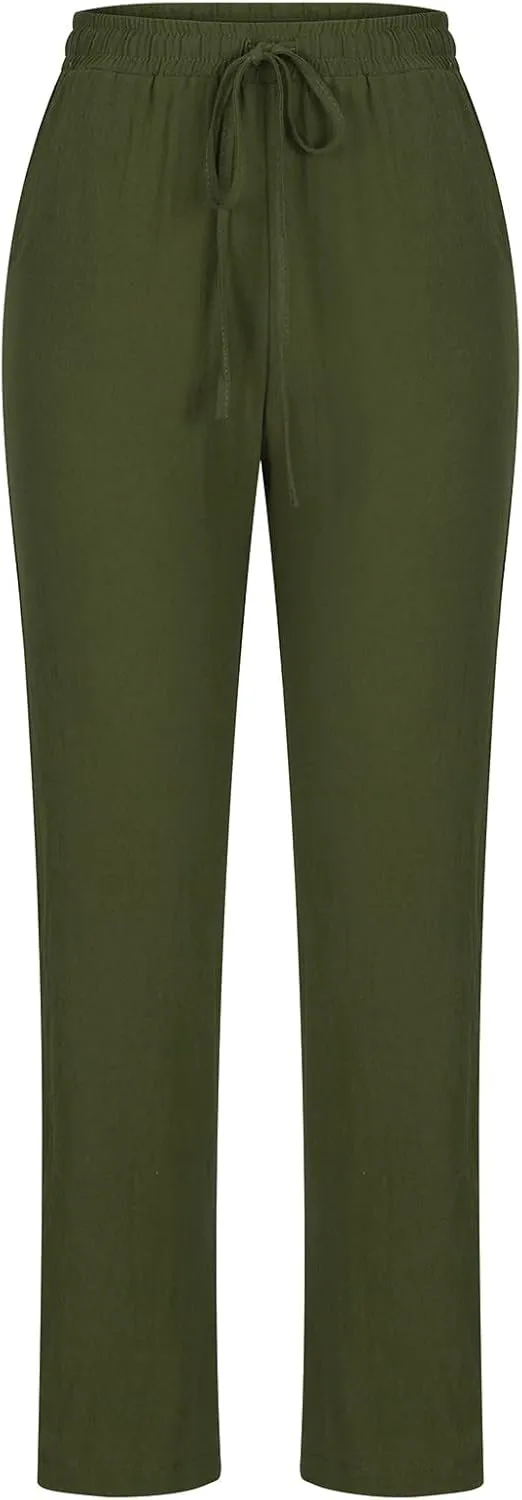 Womens Summer Casual Drawstring Pants Straight Leg Elastic Waist Regular Fit Loose Comfy Lounge Trousers with Pockets