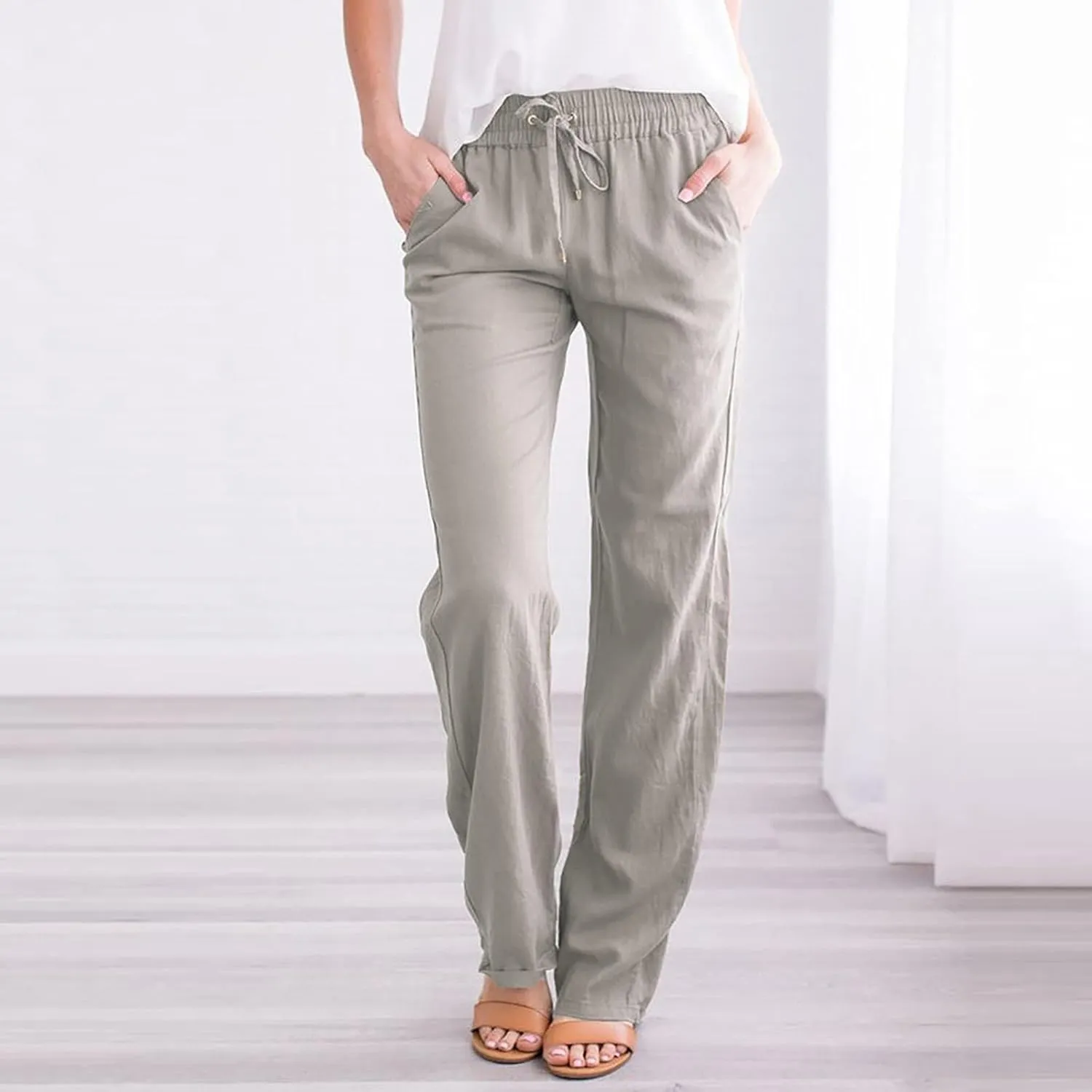 Womens Summer Casual Drawstring Pants Straight Leg Elastic Waist Regular Fit Loose Comfy Lounge Trousers with Pockets