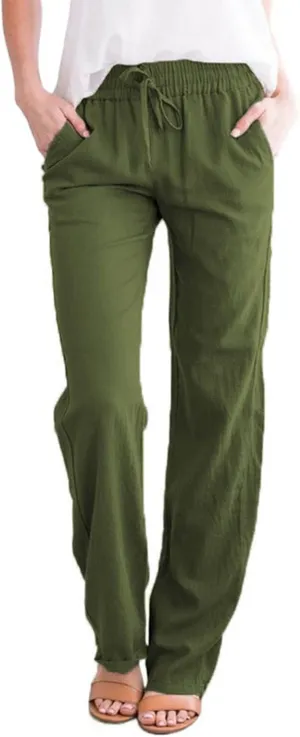 Womens Summer Casual Drawstring Pants Straight Leg Elastic Waist Regular Fit Loose Comfy Lounge Trousers with Pockets