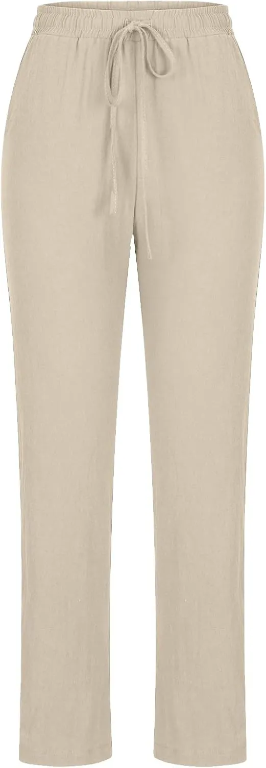 Womens Summer Casual Drawstring Pants Straight Leg Elastic Waist Regular Fit Loose Comfy Lounge Trousers with Pockets