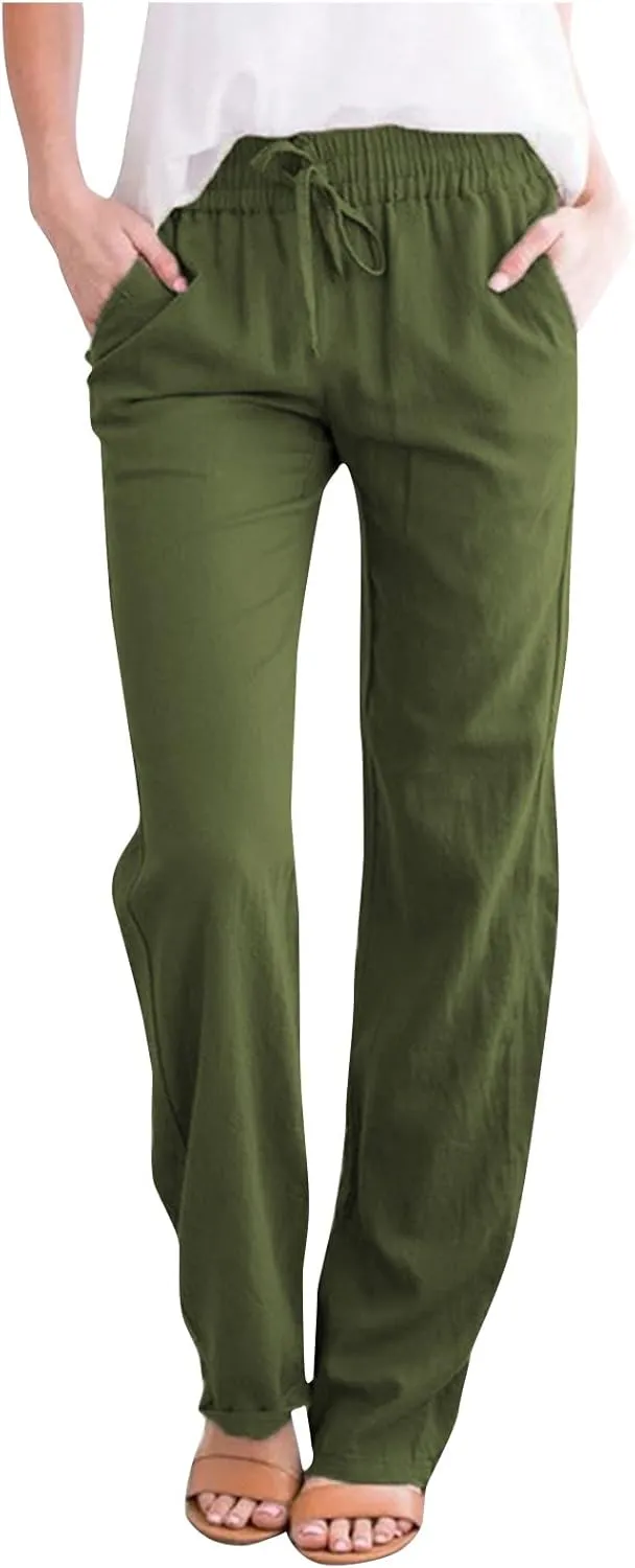 Womens Summer Casual Drawstring Pants Straight Leg Elastic Waist Regular Fit Loose Comfy Lounge Trousers with Pockets