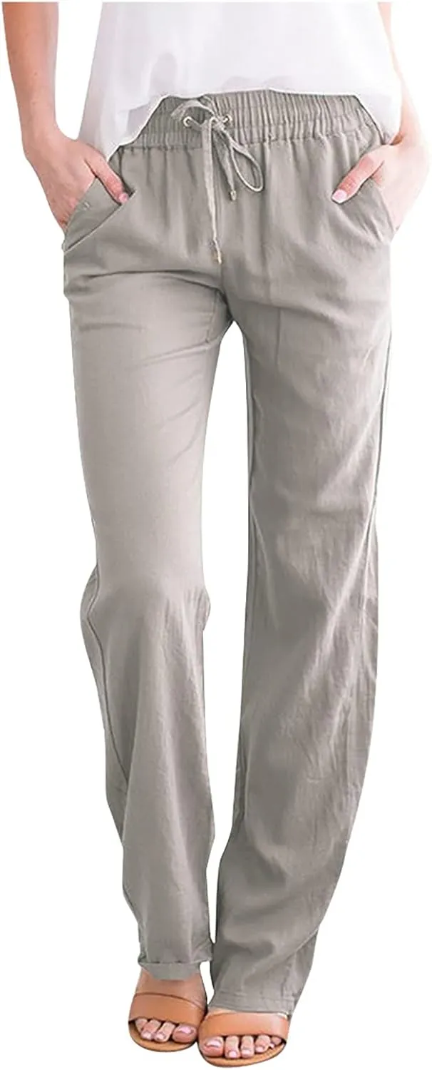 Womens Summer Casual Drawstring Pants Straight Leg Elastic Waist Regular Fit Loose Comfy Lounge Trousers with Pockets