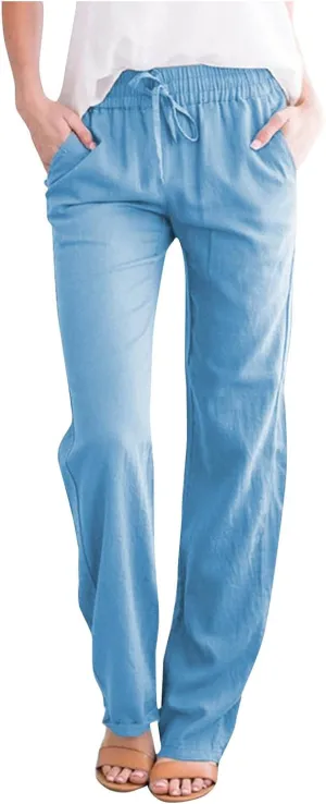 Womens Summer Casual Drawstring Pants Straight Leg Elastic Waist Regular Fit Loose Comfy Lounge Trousers with Pockets