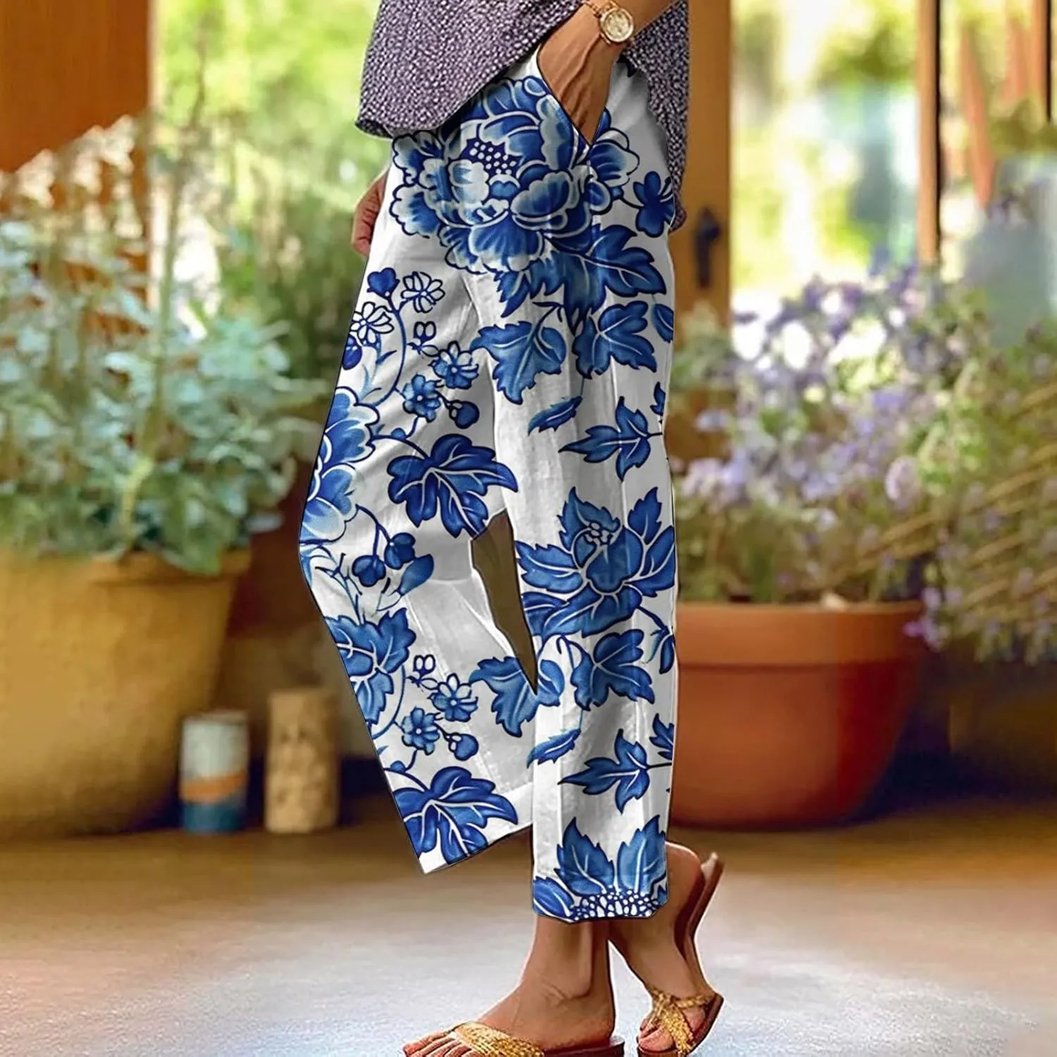 Womens Summer Casual Pants Boho Floral Elastic Waist Straight Leg Trousers Loose Comfy Linen Beach Pants with Pockets